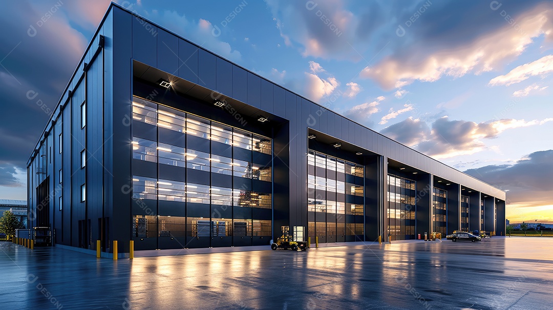 Um armazém moderno preto com fachada de vidro na hora azul