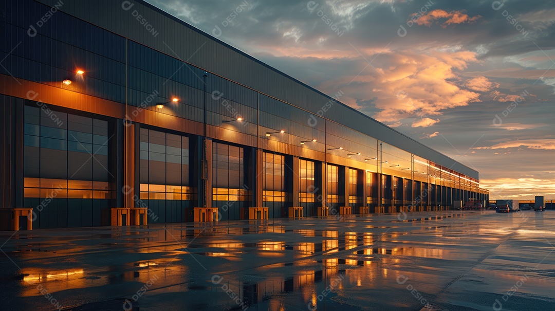 Um armazém moderno preto com fachada de vidro na hora azul