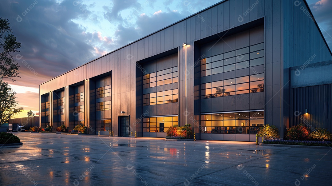 Um armazém moderno preto com fachada de vidro na hora azul