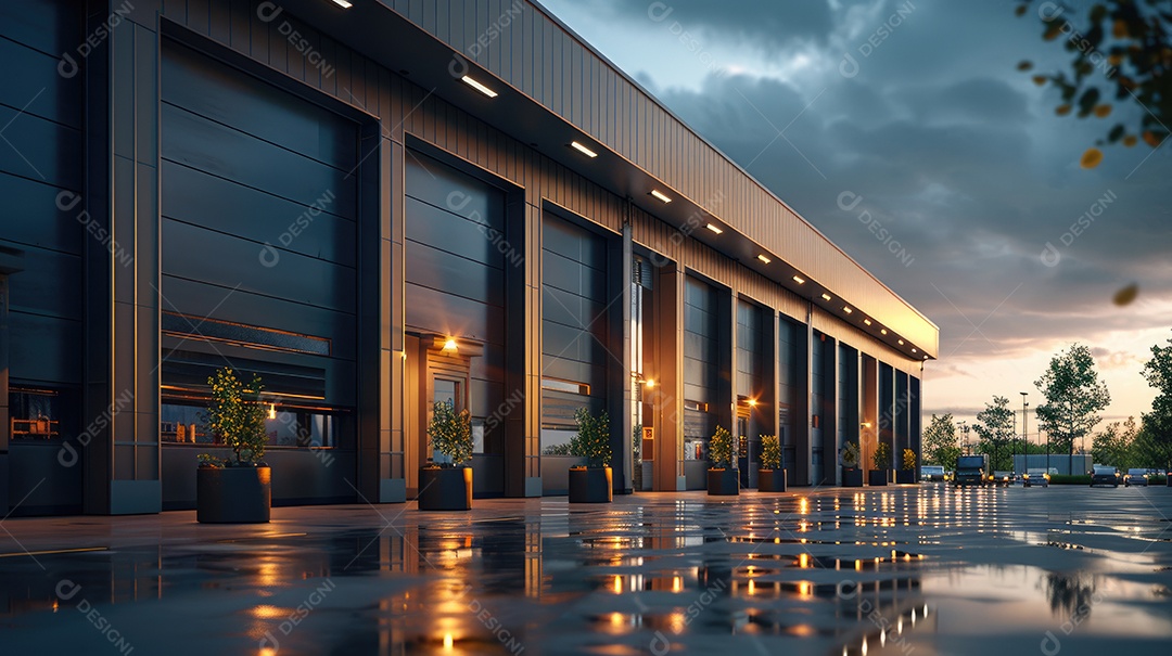 Um armazém moderno preto com fachada de vidro na hora azul