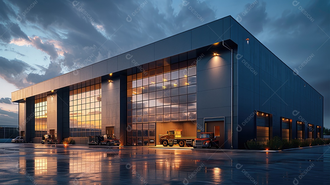 Um armazém moderno preto com fachada de vidro na hora azul