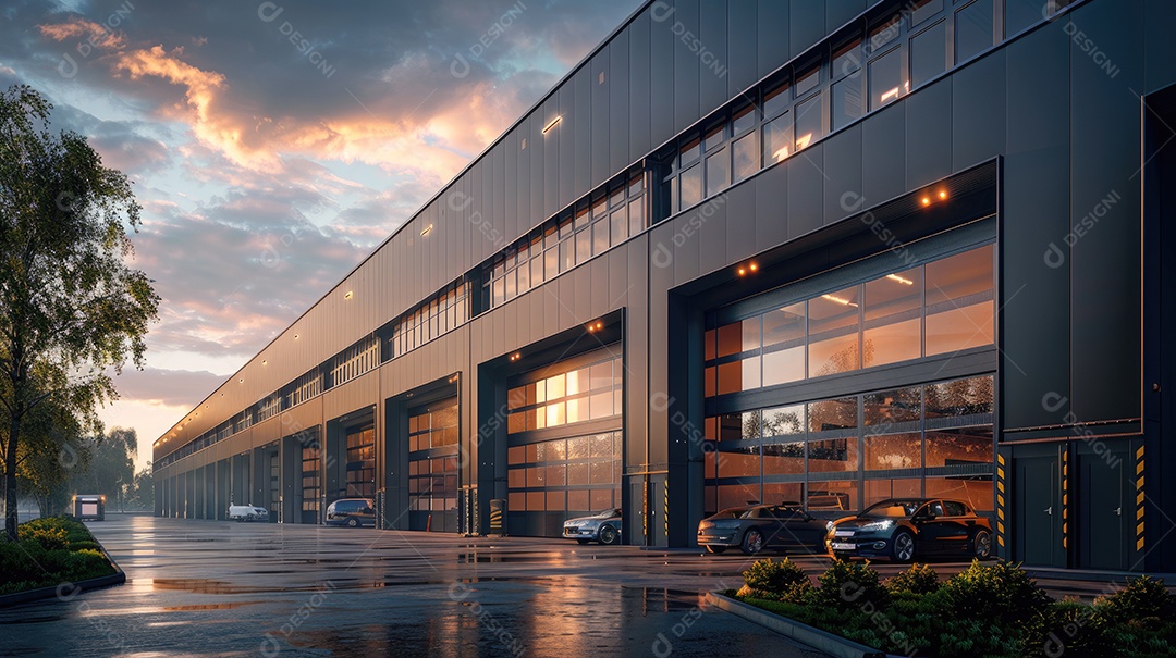 Um armazém moderno preto com fachada de vidro na hora azul