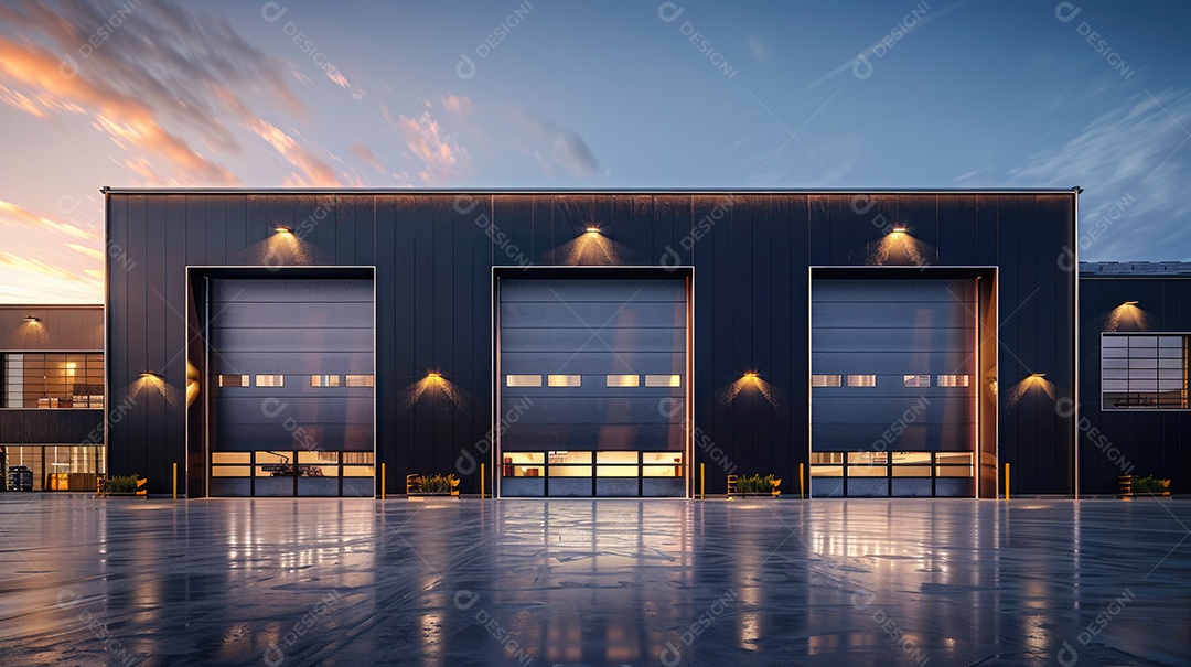 Um armazém moderno preto com fachada de vidro na hora azul