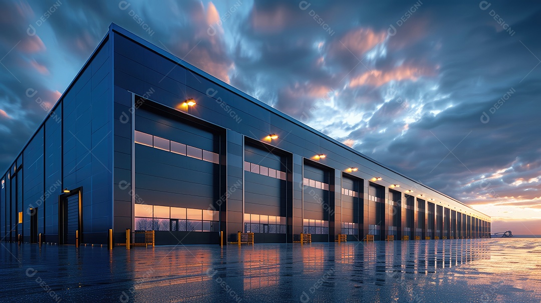 Um armazém moderno preto com fachada de vidro na hora azul