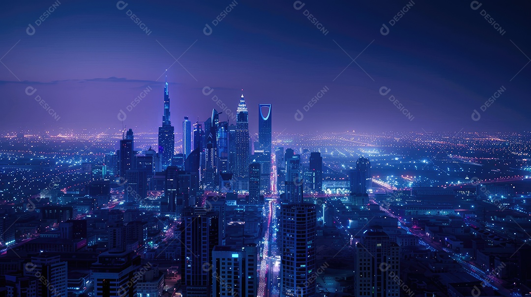 Uma vista de uma cidade à noite do topo de um arranha-céu