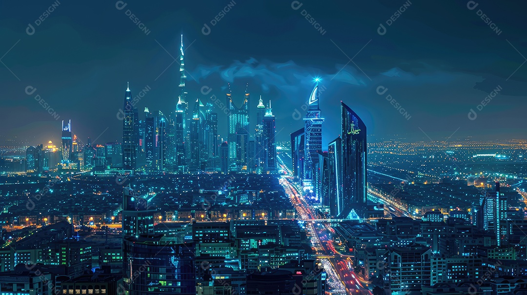 Uma vista de uma cidade à noite do topo de um arranha-céu