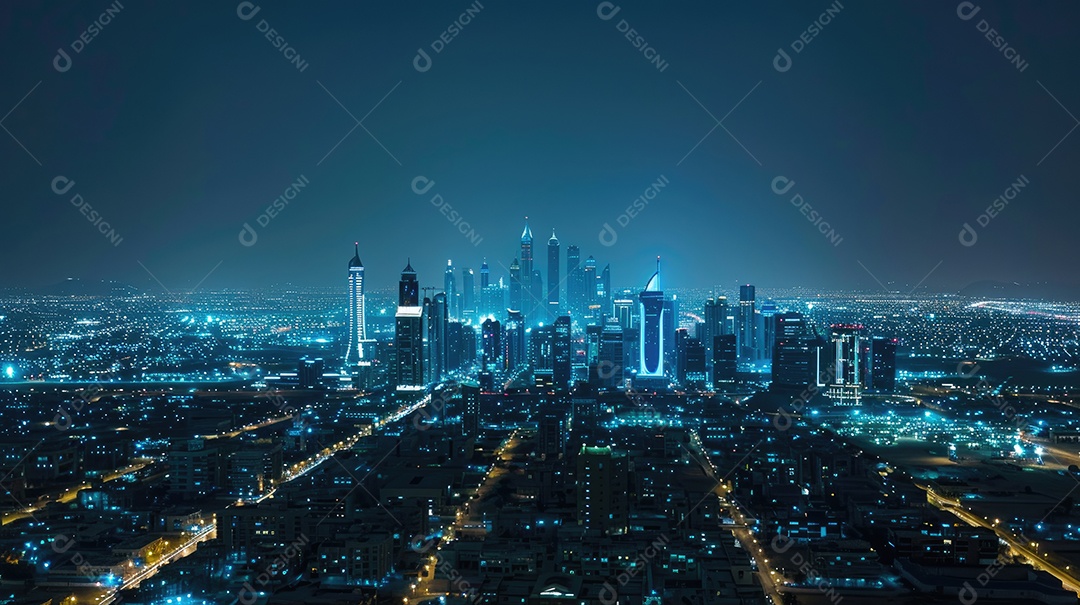 Uma vista de uma cidade à noite do topo de um arranha-céu