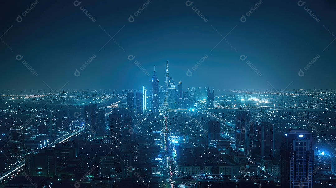 Uma vista de uma cidade à noite do topo de um arranha-céu