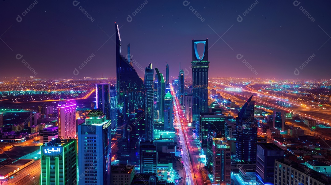 Uma vista de uma cidade à noite do topo de um arranha-céu