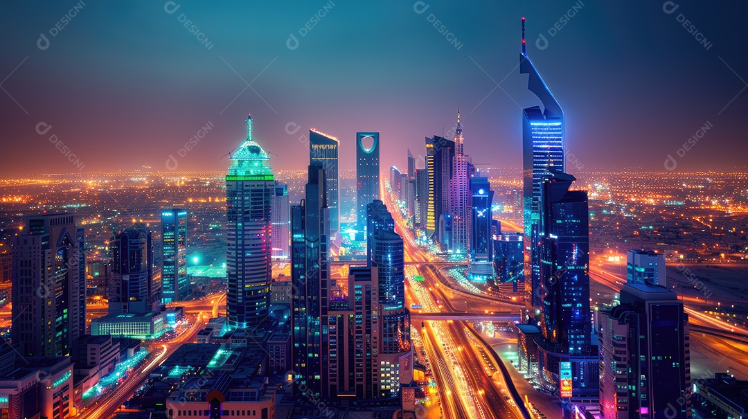 Uma vista de uma cidade à noite do topo de um arranha-céu