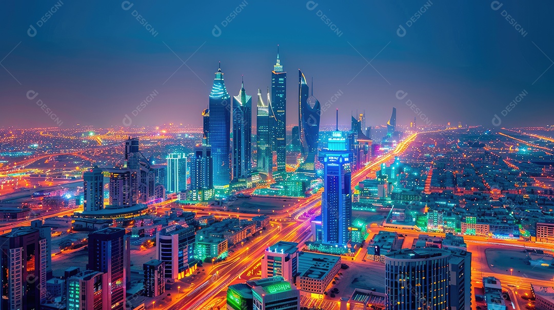 Uma vista de uma cidade à noite do topo de um arranha-céu