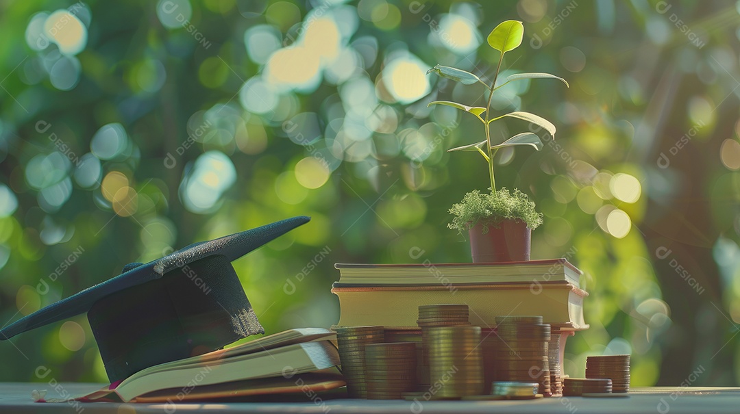 Chapéu de formatura em moedas de dinheiro na garrafa de vidro em fundo verde natural