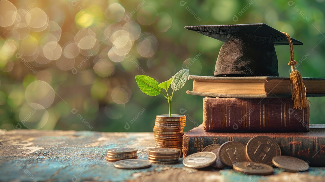 Chapéu de formatura em moedas de dinheiro na garrafa de vidro em fundo verde natural