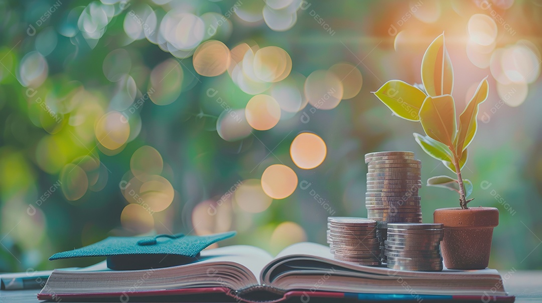 Chapéu de formatura em moedas de dinheiro na garrafa de vidro em fundo verde natural