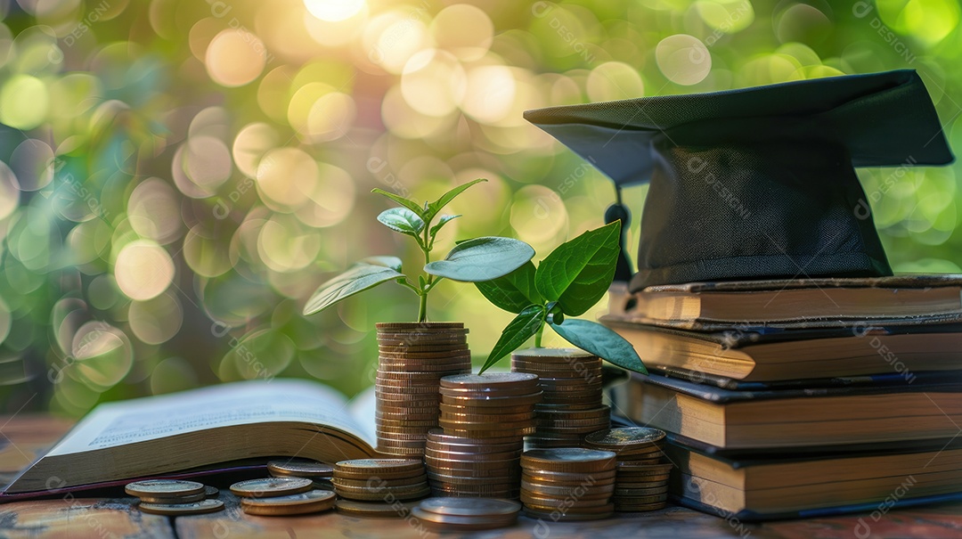 Chapéu de formatura em moedas de dinheiro na garrafa de vidro em fundo verde natural
