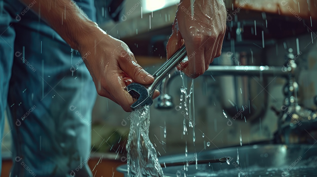 Close-up da mão de um encanador habilidoso apertando um cano embaixo de uma pia