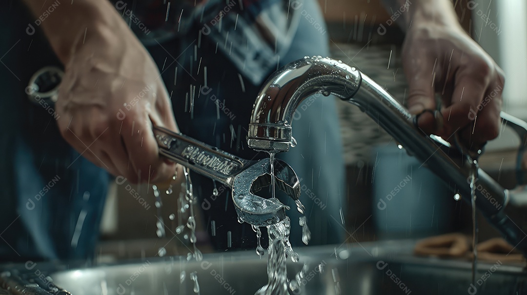 Close-up da mão de um encanador habilidoso apertando um cano embaixo de uma pia