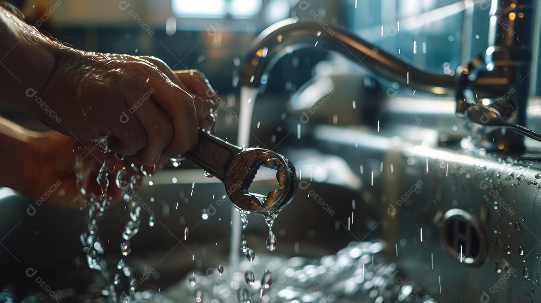 Close-up da mão de um encanador habilidoso apertando um cano embaixo de uma pia