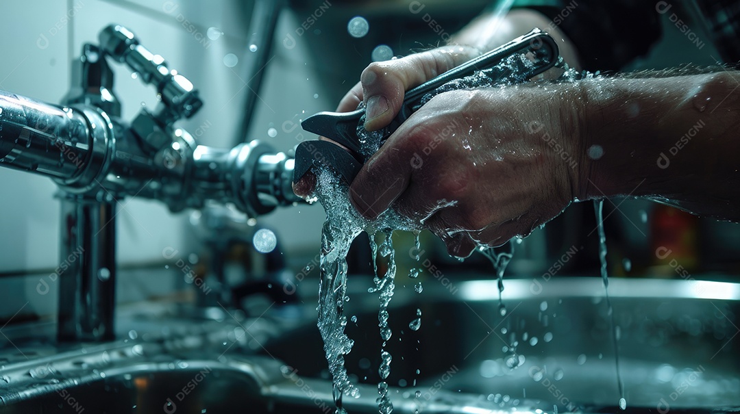 Close-up da mão de um encanador habilidoso apertando um cano embaixo de uma pia