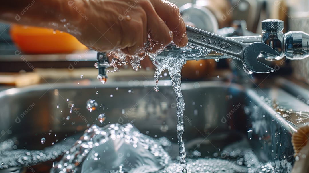 Close-up da mão de um encanador habilidoso apertando um cano embaixo de uma pia