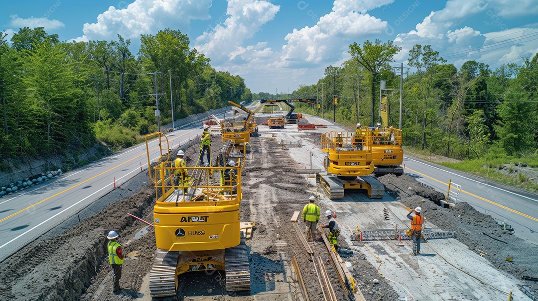 Vista aérea da expansão de uma estrada de duas pistas para uma rodovia de quatro pistas com equipamentos pesados ​​de construção