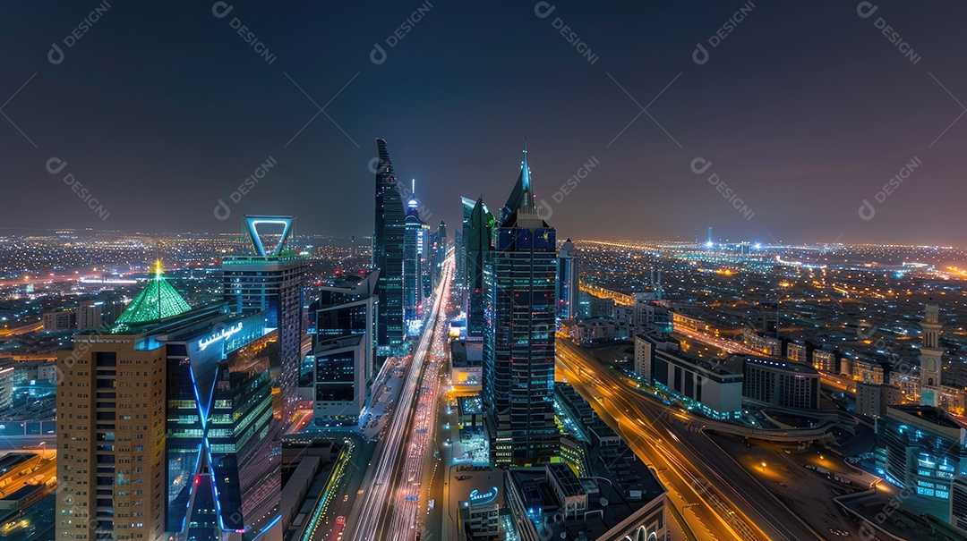 Prédios altos e noite movimentada da cidade