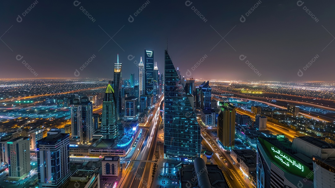 Prédios altos e noite movimentada da cidade