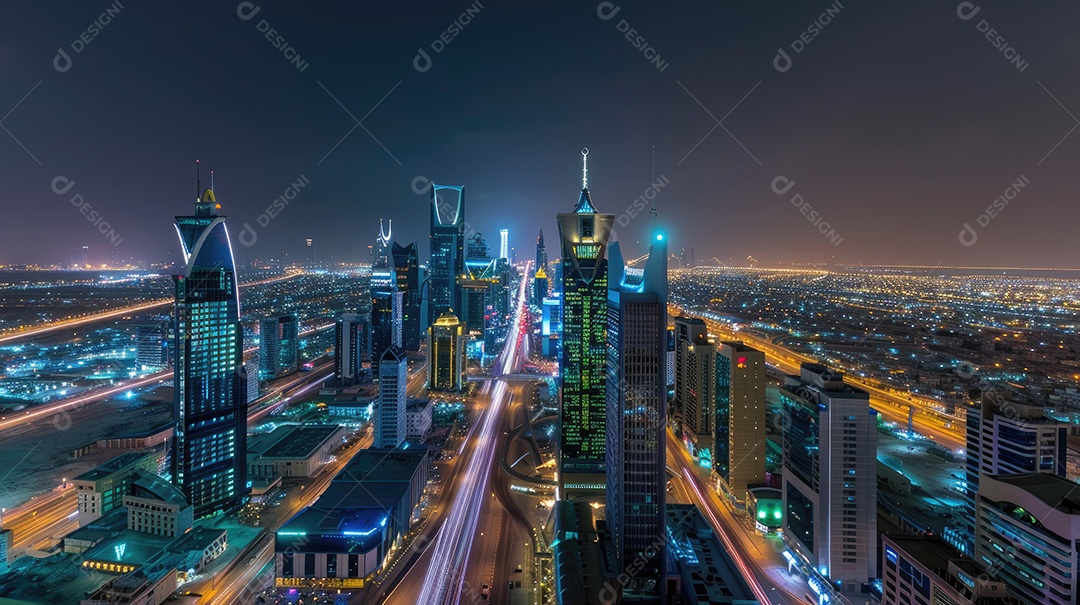 Prédios altos e noite movimentada da cidade