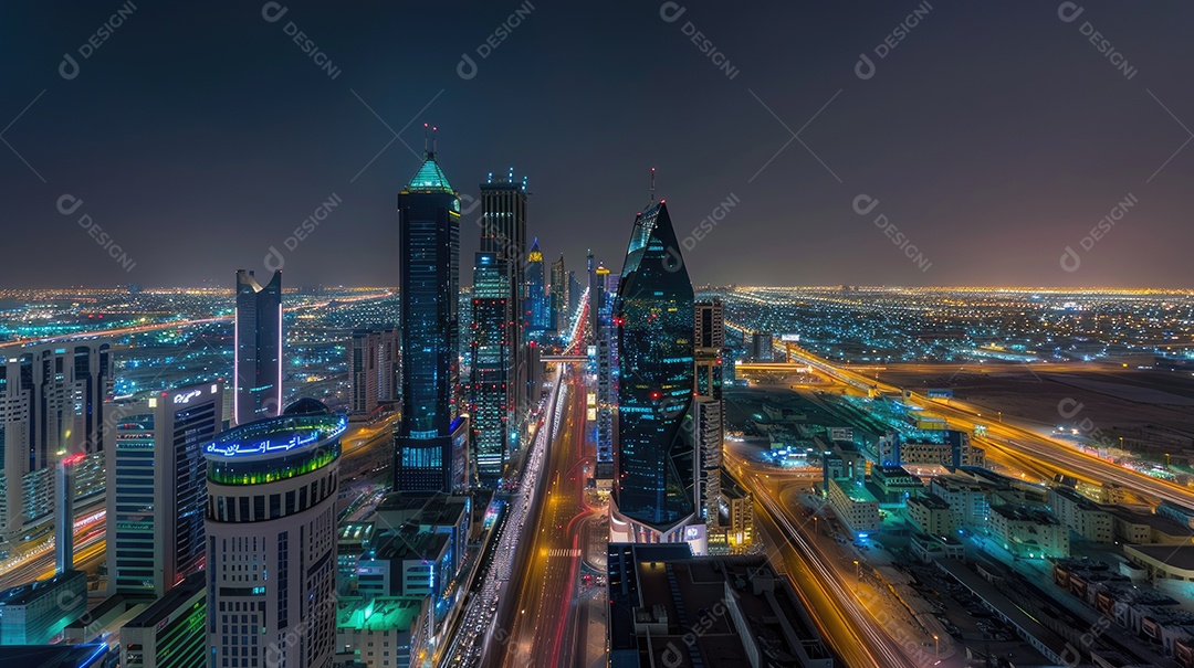 Prédios altos e noite movimentada da cidade