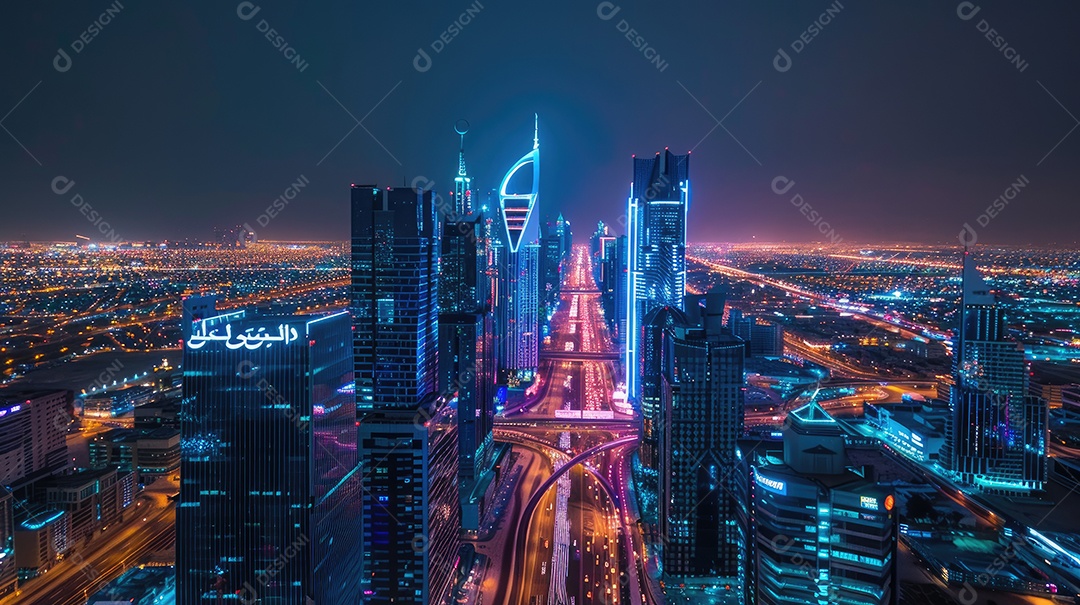 Prédios altos e noite movimentada da cidade