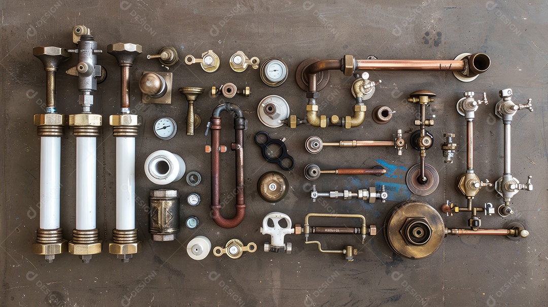 Uma coleção meticulosamente organizada de peças e ferramentas de encanamento em uma superfície de madeira exibindo uma variedade de acessórios de metal