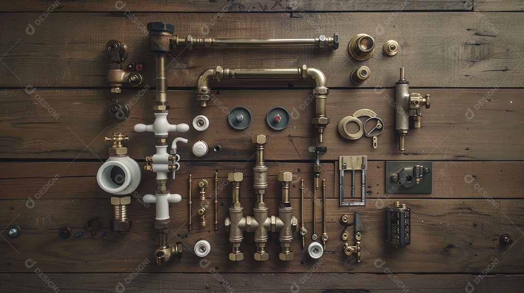 Uma coleção meticulosamente organizada de peças e ferramentas de encanamento em uma superfície de madeira exibindo uma variedade de acessórios de metal