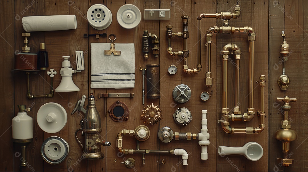 Uma coleção meticulosamente organizada de peças e ferramentas de encanamento em uma superfície de madeira exibindo uma variedade de acessórios de metal