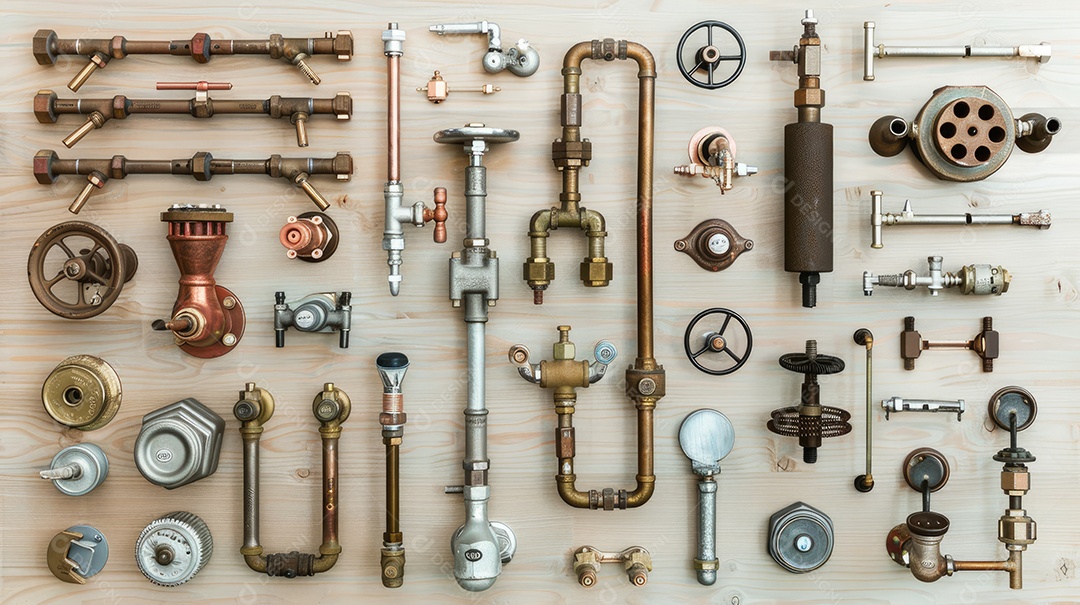Uma coleção meticulosamente organizada de peças e ferramentas de encanamento em uma superfície de madeira exibindo uma variedade de acessórios de metal