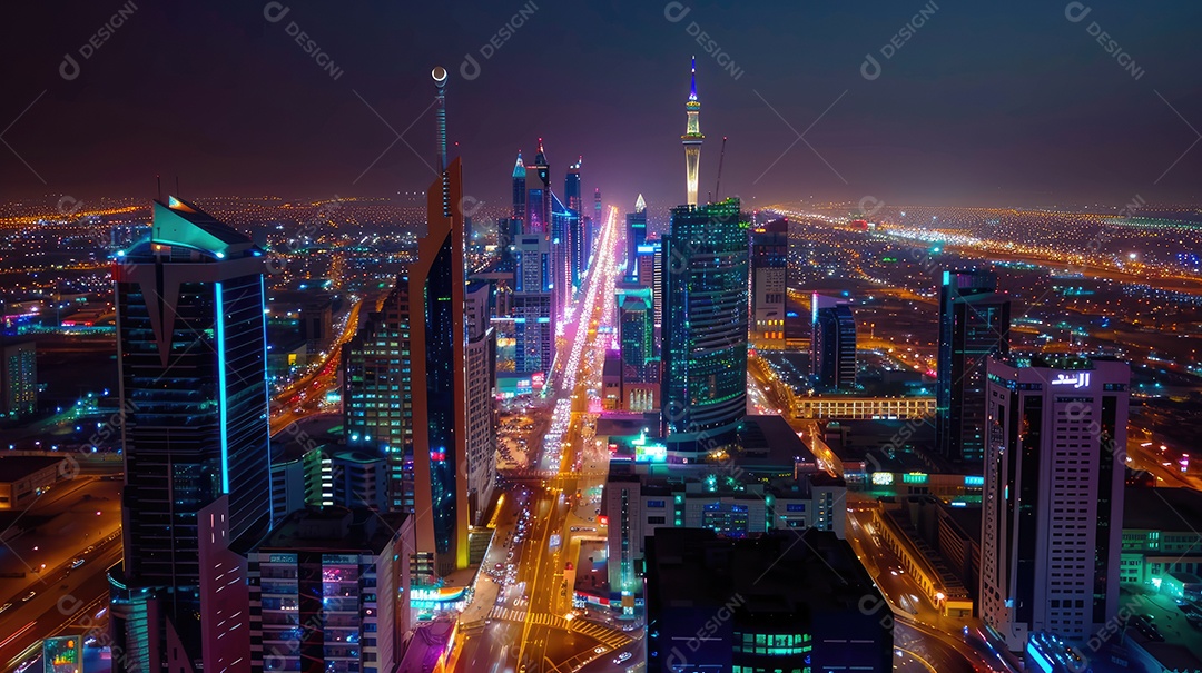 Uma paisagem urbana hipnotizante à noite com arranha-céus imponentes