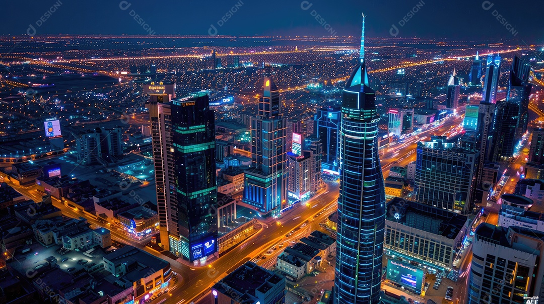 Uma paisagem urbana hipnotizante à noite com arranha-céus imponentes