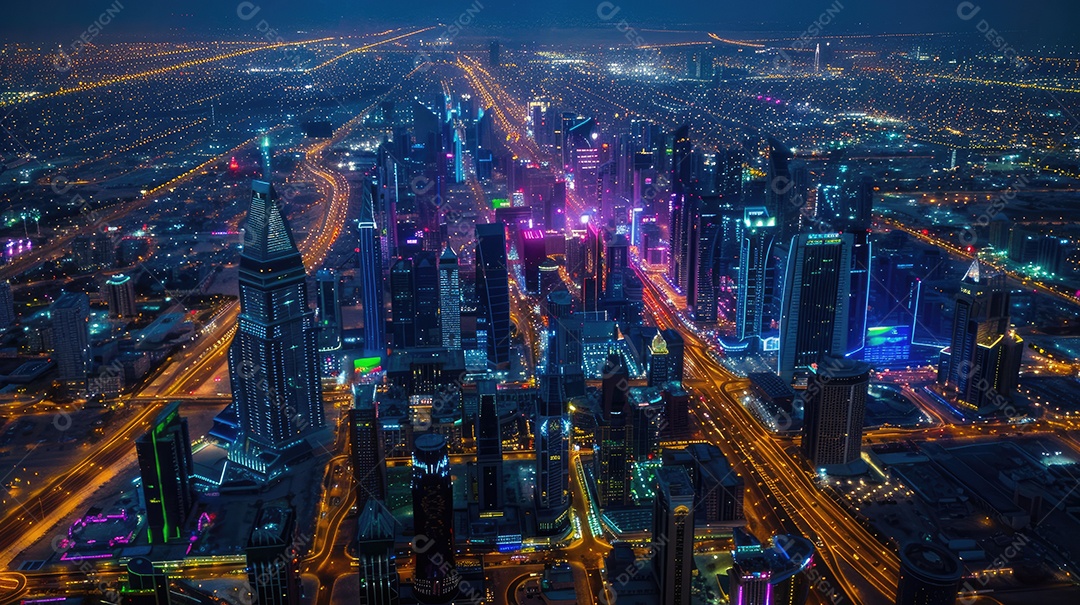 Uma paisagem urbana hipnotizante à noite com arranha-céus imponentes