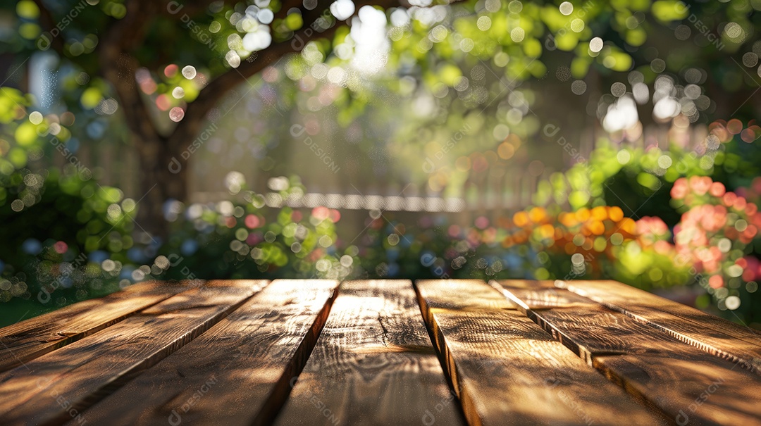 Uma mesa de madeira rústica destaca um borrão de flores coloridas de jardim banhadas pela luz do sol