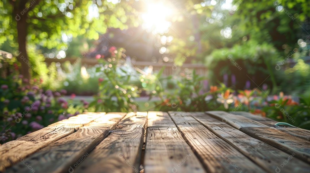 Uma mesa de madeira rústica destaca um borrão de flores coloridas de jardim banhadas pela luz do sol