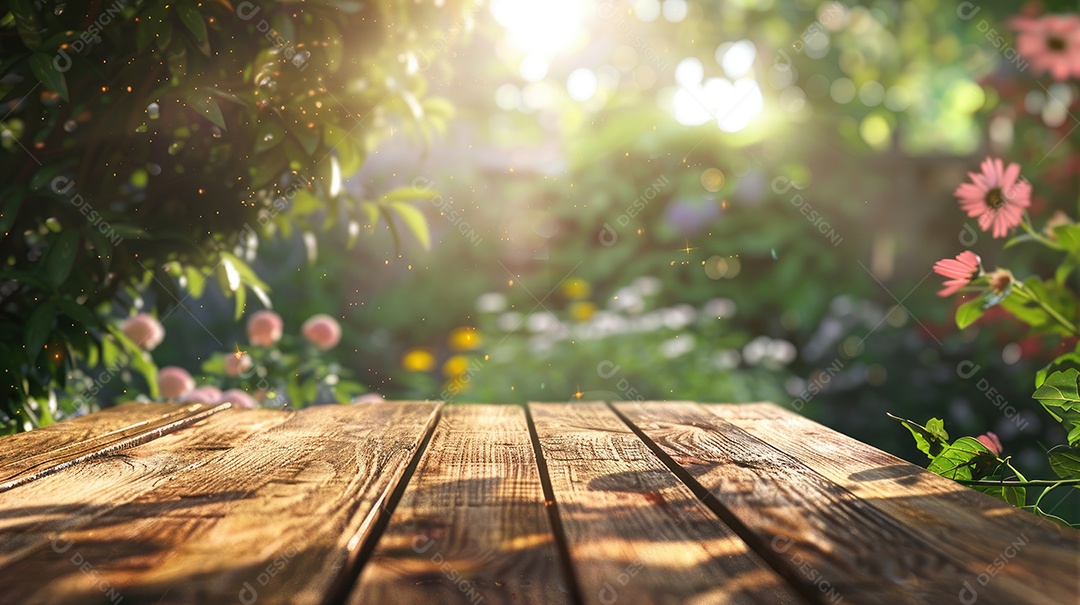 Uma mesa de madeira rústica destaca um borrão de flores coloridas de jardim banhadas pela luz do sol