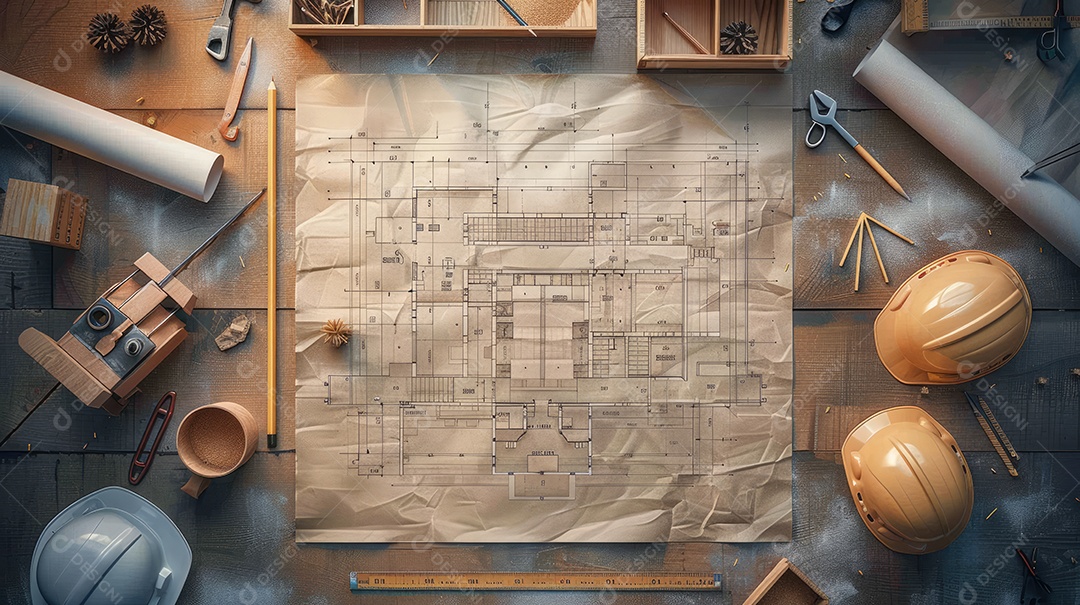 Uma variedade de ferramentas de construção bem organizadas e um capacete amarelo sobre uma mesa de madeira vintage