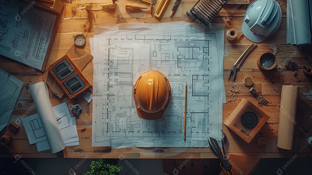 Uma variedade de ferramentas de construção bem organizadas e um capacete amarelo sobre uma mesa de madeira vintage