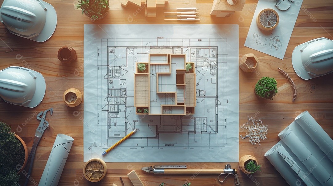 Uma variedade de ferramentas de construção bem organizadas e um capacetes sobre uma mesa de madeira vintage