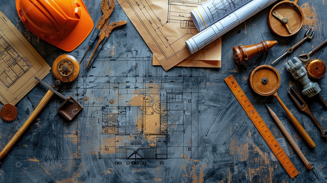 Uma variedade de ferramentas de construção bem organizadas e um capacete amarelo sobre uma mesa de madeira vintage