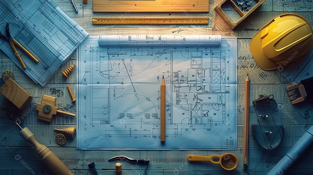 Uma variedade de ferramentas de construção bem organizadas e um capacete amarelo sobre uma mesa de madeira vintage