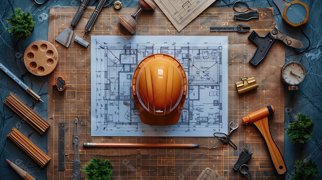 Uma variedade de ferramentas de construção bem organizadas e um capacete amarelo sobre uma mesa de madeira vintage