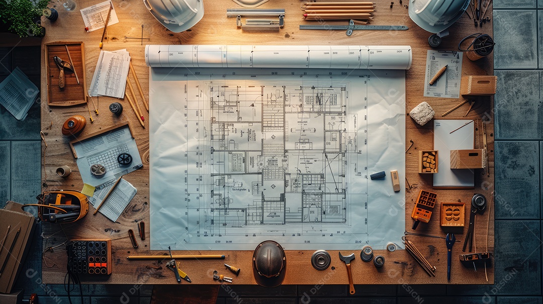 Uma variedade de ferramentas de construção bem organizadas e um capacete amarelo sobre uma mesa de madeira vintage
