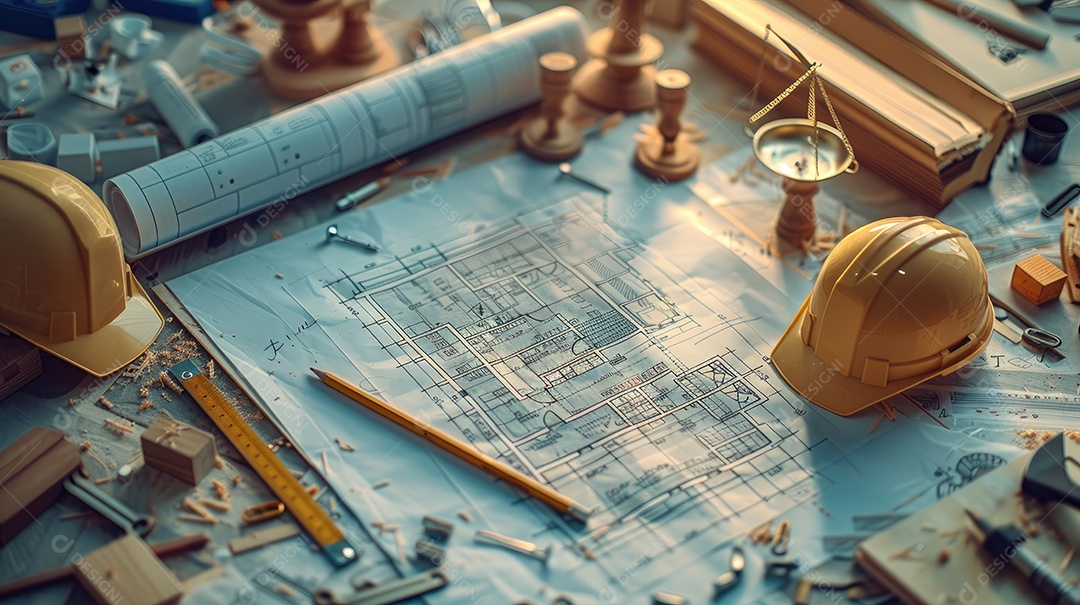 Uma variedade de ferramentas de construção bem organizadas e um capacete amarelo sobre uma mesa de madeira vintage