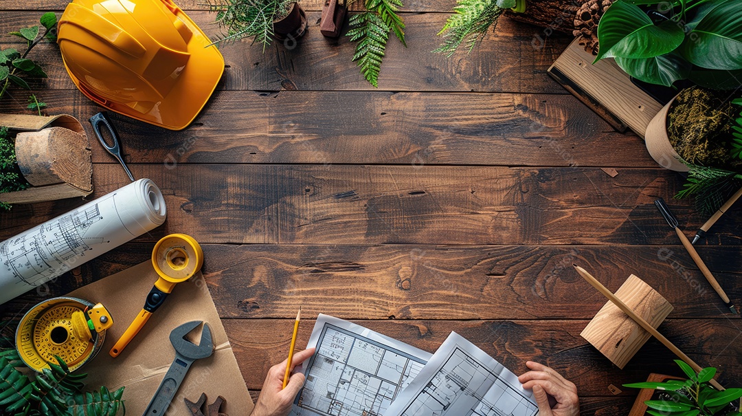 Uma variedade de ferramentas de construção bem organizadas e um capacete amarelo sobre uma mesa de madeira vintage