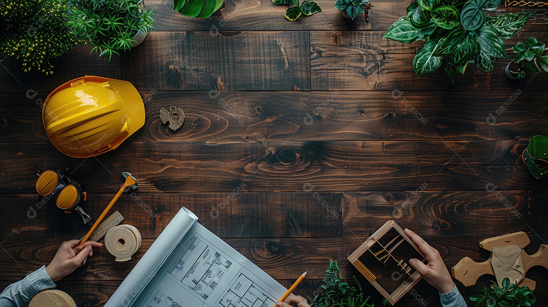 Uma variedade de ferramentas de construção bem organizadas e um capacete amarelo sobre uma mesa de madeira vintage